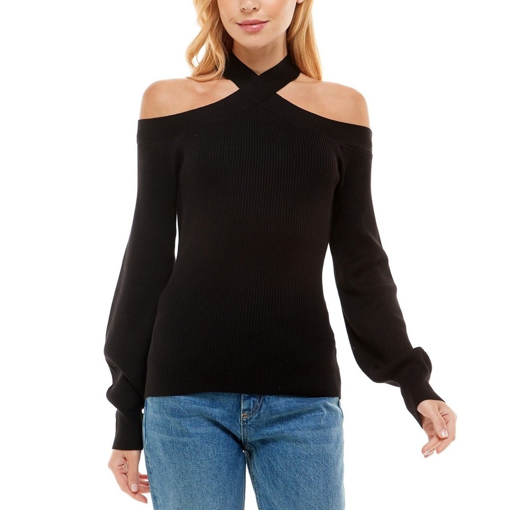 XL STYLE & CO Black dressy‎ rayon blend cold shoulder criss cross neck sweater